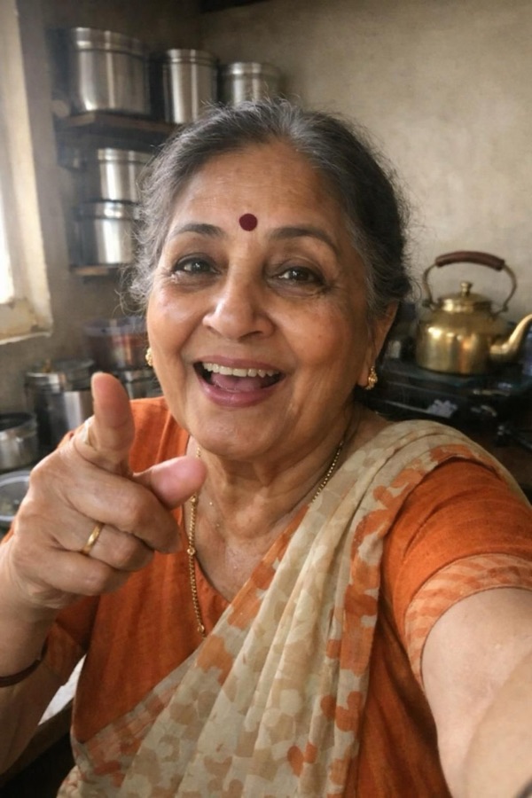A grandmother in her kitchen recording a video message
