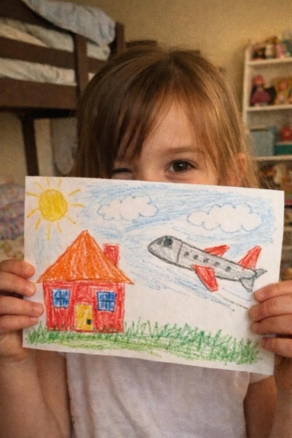 A seven-year-old holding a crayon drawing up to the camera