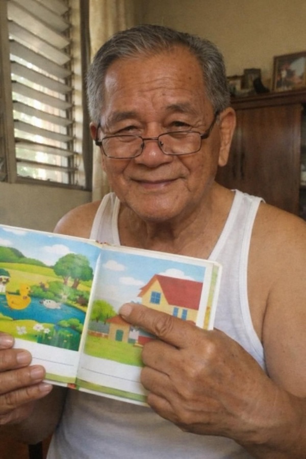 A grandfather holding an open storybook up to the camera